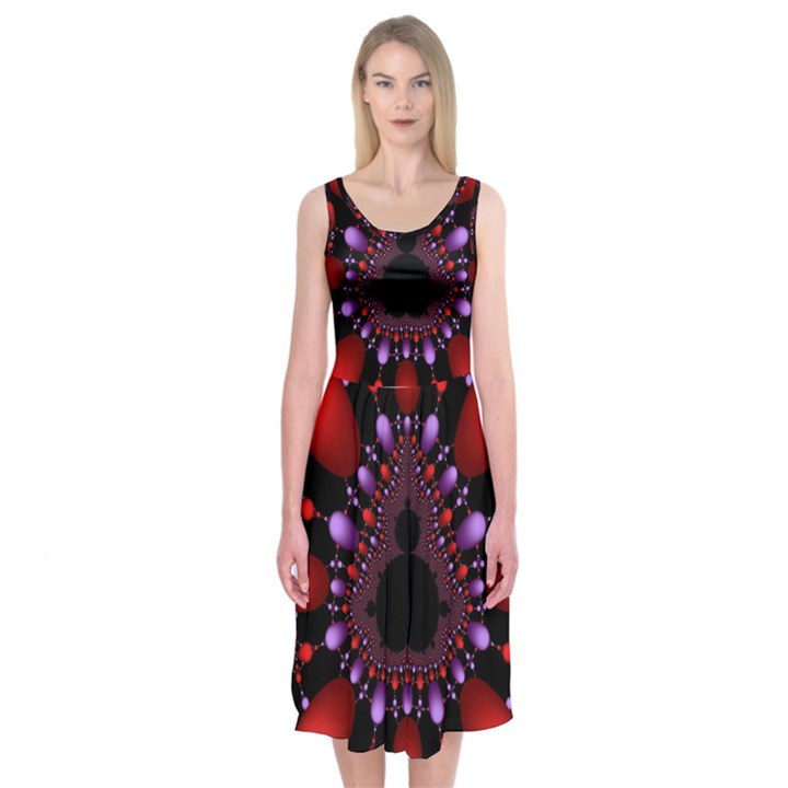 Fractal Red Violet Symmetric Spheres On Black Midi Sleeveless Dress