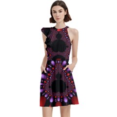 Fractal Red Violet Symmetric Spheres On Black Cocktail Party Halter Sleeveless Dress With Pockets by Ket1n9