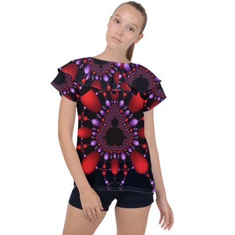 Fractal Red Violet Symmetric Spheres On Black Ruffle Collar Chiffon Blouse by Ket1n9