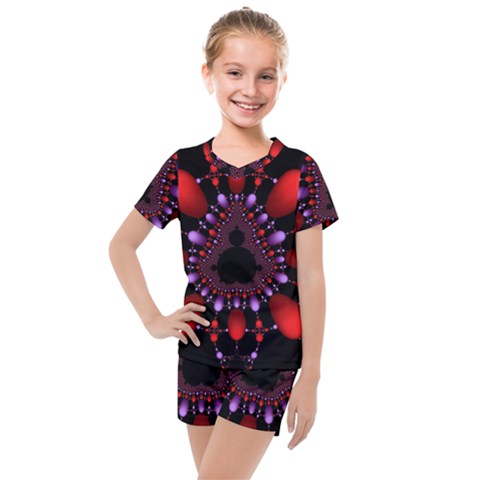 Fractal Red Violet Symmetric Spheres On Black Kids  Mesh T-shirt And Shorts Set by Ket1n9