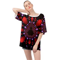 Fractal Red Violet Symmetric Spheres On Black Oversized Chiffon Top by Ket1n9