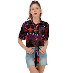 Fractal Red Violet Symmetric Spheres On Black Tie Front Shirt  by Ket1n9