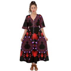 Fractal Red Violet Symmetric Spheres On Black Kimono Sleeve Boho Dress by Ket1n9