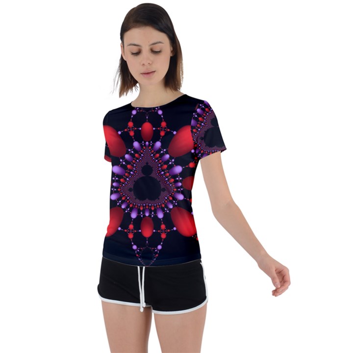 Fractal Red Violet Symmetric Spheres On Black Back Circle Cutout Sports T-Shirt