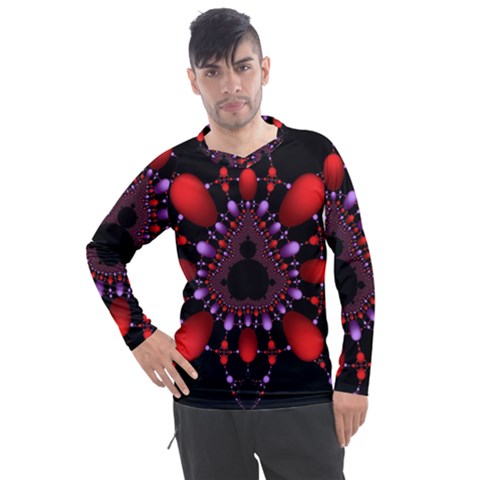 Fractal Red Violet Symmetric Spheres On Black Men s Pique Long Sleeve T-shirt by Ket1n9