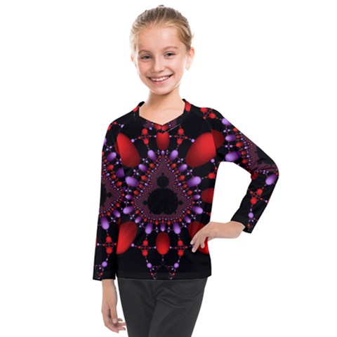 Fractal Red Violet Symmetric Spheres On Black Kids  Long Mesh T-shirt by Ket1n9