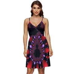 Fractal Red Violet Symmetric Spheres On Black V-neck Pocket Summer Dress  by Ket1n9