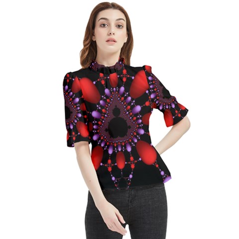 Fractal Red Violet Symmetric Spheres On Black Frill Neck Blouse by Ket1n9