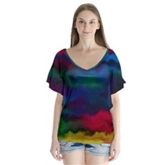 Watercolour Color Background V-neck Flutter Sleeve Top by Ket1n9