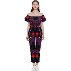 Fractal Red Violet Symmetric Spheres On Black Bardot Ruffle Jumpsuit by Ket1n9