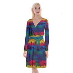 Watercolour Color Background Long Sleeve Velvet Front Wrap Dress by Ket1n9