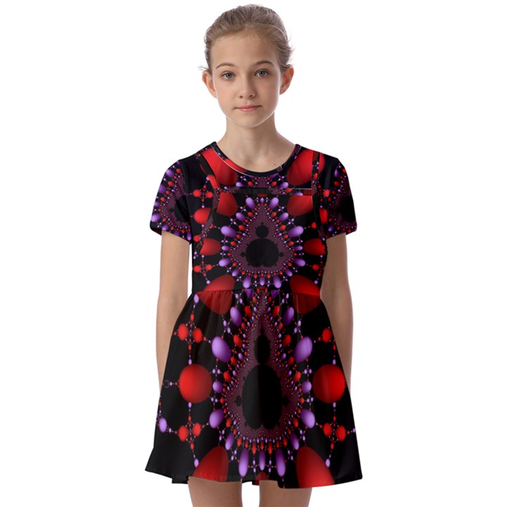 Fractal Red Violet Symmetric Spheres On Black Kids  Short Sleeve Pinafore Style Dress