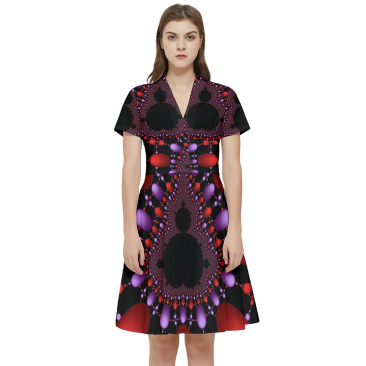 Fractal Red Violet Symmetric Spheres On Black Short Sleeve Waist Detail Dress