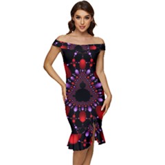 Fractal Red Violet Symmetric Spheres On Black Off Shoulder Ruffle Split Hem Bodycon Dress by Ket1n9