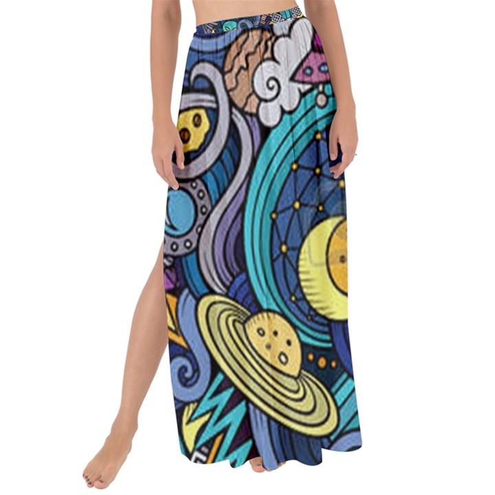 Cartoon Hand Drawn Doodles On The Subject Of Space Style Theme Seamless Pattern Vector Background Maxi Chiffon Tie-Up Sarong