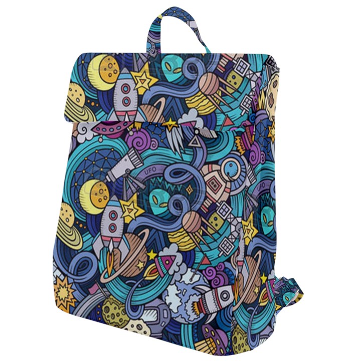 Cartoon Hand Drawn Doodles On The Subject Of Space Style Theme Seamless Pattern Vector Background Flap Top Backpack