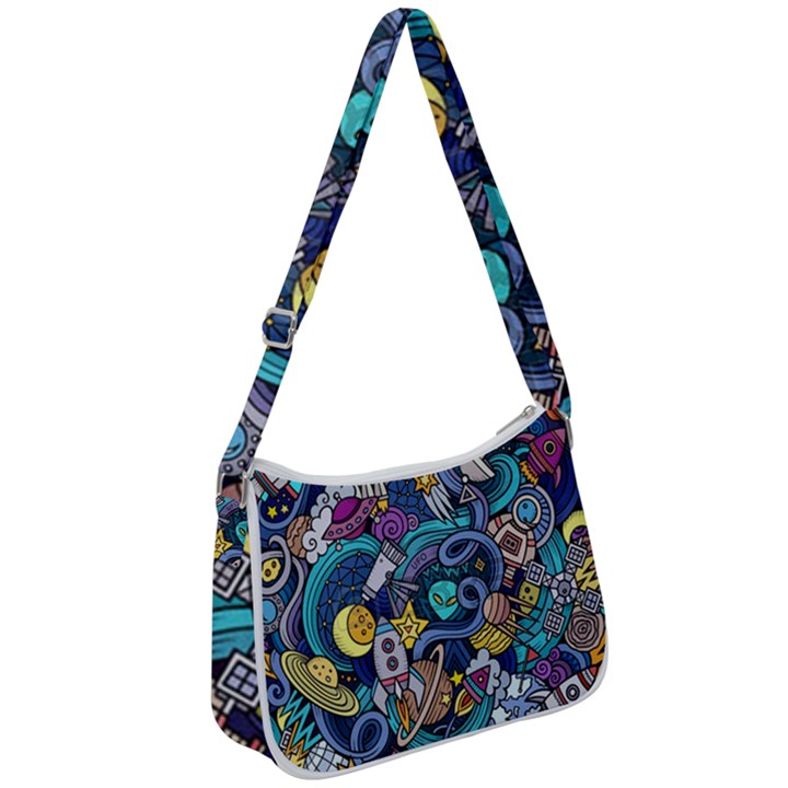 Cartoon Hand Drawn Doodles On The Subject Of Space Style Theme Seamless Pattern Vector Background Zip Up Shoulder Bag