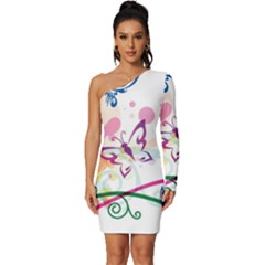 Butterfly Vector Art Long Sleeve One Shoulder Mini Dress by Ket1n9