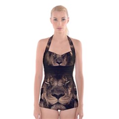 African Lion Mane Close Eyes Boyleg Halter Swimsuit  by Ket1n9