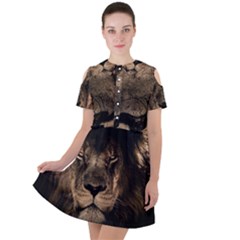 African Lion Mane Close Eyes Short Sleeve Shoulder Cut Out Dress  by Ket1n9