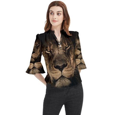 African Lion Mane Close Eyes Loose Horn Sleeve Chiffon Blouse by Ket1n9