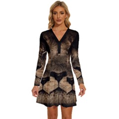 African Lion Mane Close Eyes Long Sleeve Deep V Mini Dress  by Ket1n9