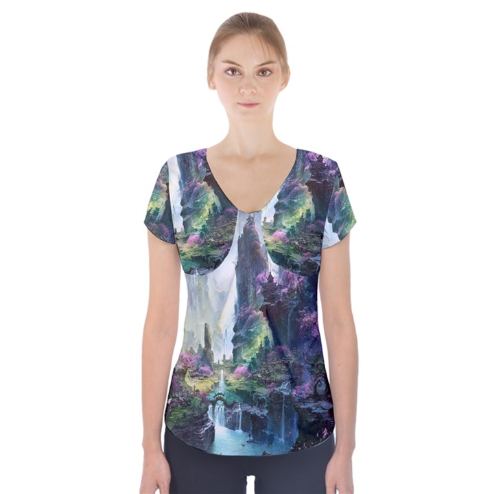 Fantastic World Fantasy Painting Short Sleeve Front Detail Top