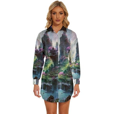 Fantastic World Fantasy Painting Womens Long Sleeve Shirt Dress by Ket1n9