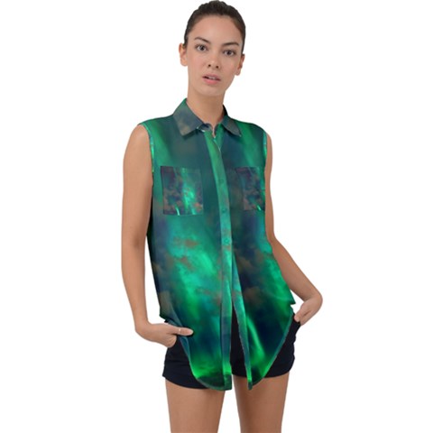 Northern-lights-plasma-sky Sleeveless Chiffon Button Shirt by Ket1n9