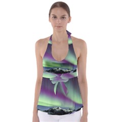 Aurora Stars Sky Mountains Snow Aurora Borealis Tie Back Tankini Top