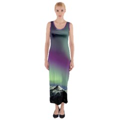 Aurora Stars Sky Mountains Snow Aurora Borealis Fitted Maxi Dress