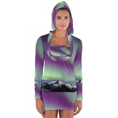 Aurora Stars Sky Mountains Snow Aurora Borealis Long Sleeve Hooded T-shirt by Ket1n9