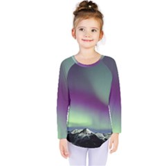 Aurora Stars Sky Mountains Snow Aurora Borealis Kids  Long Sleeve T-shirt