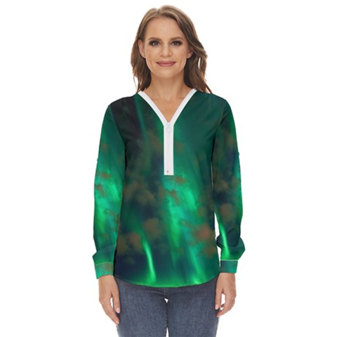 Northern-lights-plasma-sky Zip Up Long Sleeve Blouse by Ket1n9