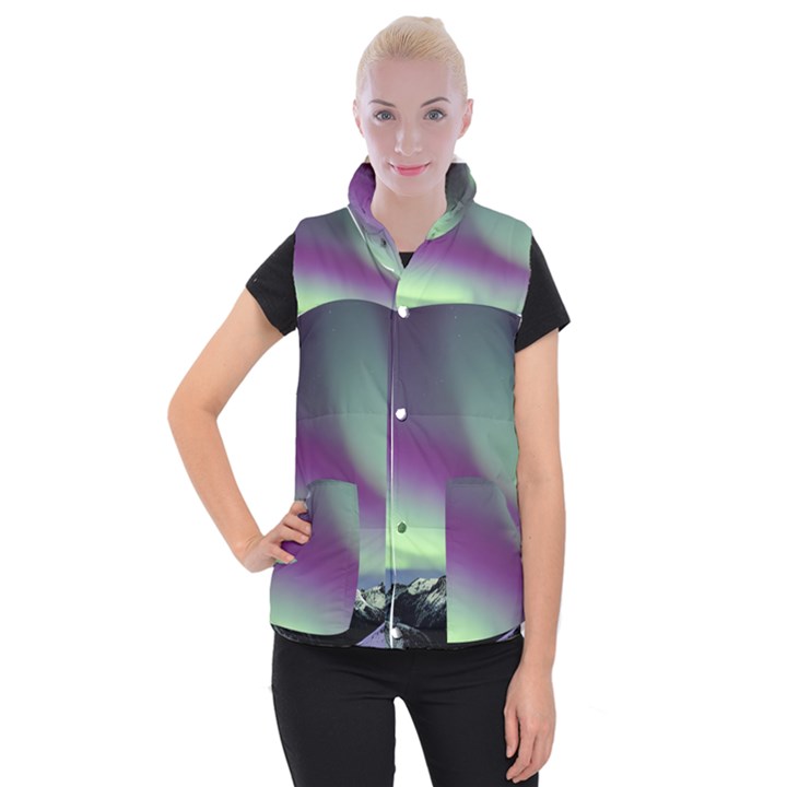 Aurora Stars Sky Mountains Snow Aurora Borealis Women s Button Up Vest