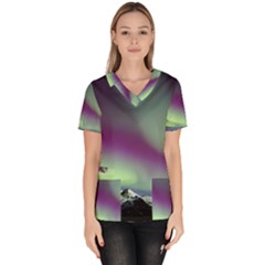 Aurora Stars Sky Mountains Snow Aurora Borealis Women s V-neck Scrub Top