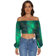 Northern-lights-plasma-sky Long Sleeve Crinkled Weave Crop Top by Ket1n9