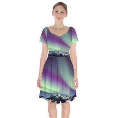 Aurora Stars Sky Mountains Snow Aurora Borealis Short Sleeve Bardot Dress