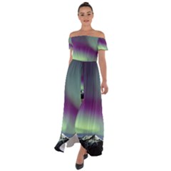 Aurora Stars Sky Mountains Snow Aurora Borealis Off Shoulder Open Front Chiffon Dress by Ket1n9