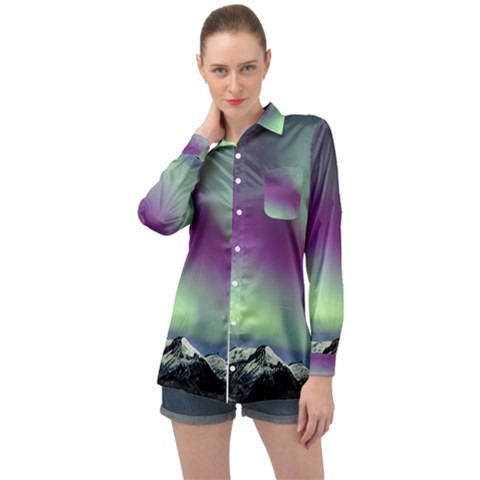 Aurora Stars Sky Mountains Snow Aurora Borealis Long Sleeve Satin Shirt by Ket1n9