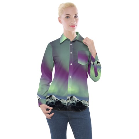 Aurora Stars Sky Mountains Snow Aurora Borealis Women s Long Sleeve Pocket Shirt by Ket1n9