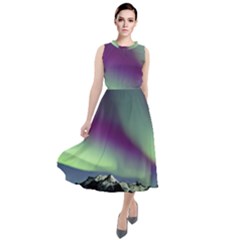 Aurora Stars Sky Mountains Snow Aurora Borealis Round Neck Boho Dress by Ket1n9