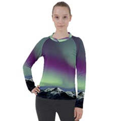 Aurora Stars Sky Mountains Snow Aurora Borealis Women s Pique Long Sleeve T-shirt