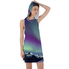 Aurora Stars Sky Mountains Snow Aurora Borealis Racer Back Hoodie Dress