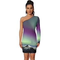 Aurora Stars Sky Mountains Snow Aurora Borealis Long Sleeve One Shoulder Mini Dress by Ket1n9