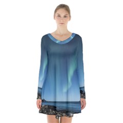 Aurora Borealis Lofoten Norway Long Sleeve Velvet V-neck Dress by Ket1n9