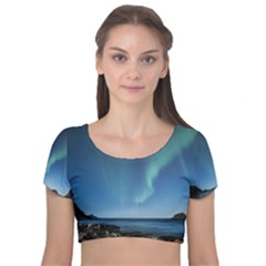 Aurora Borealis Lofoten Norway Velvet Short Sleeve Crop Top  by Ket1n9