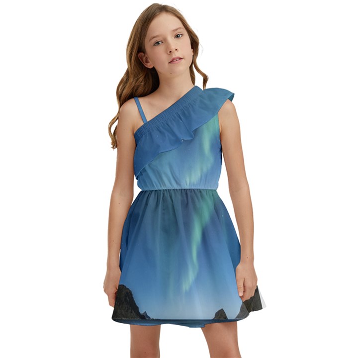 Aurora Borealis Lofoten Norway Kids  One Shoulder Party Dress