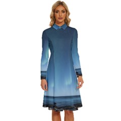 Aurora Borealis Lofoten Norway Long Sleeve Shirt Collar A-line Dress by Ket1n9