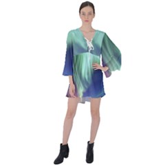 Aurora Borealis Alaska Space V-neck Flare Sleeve Mini Dress by Ket1n9